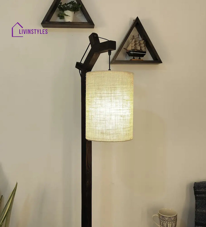 Leo Wooden Floor Lamp With Brown Base And Jute Fabric Lampshade Lamps