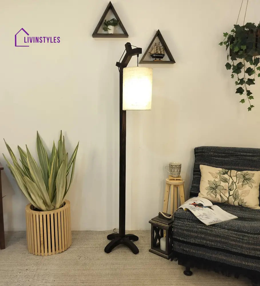 Leo Wooden Floor Lamp With Brown Base And Jute Fabric Lampshade Lamps