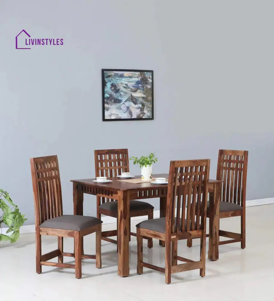 Lev Sheesham Wood 4 Seater Dining Set In Teak Finish Living Room