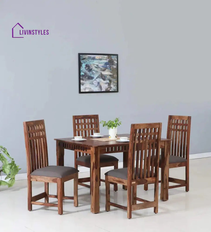 Lev Sheesham Wood 4 Seater Dining Set In Teak Finish Living Room