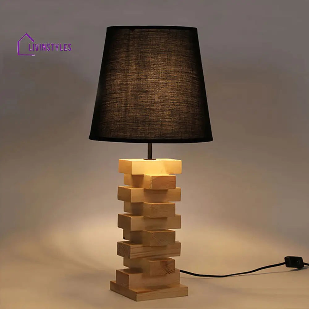 Libra Beige Wooden Table Lamp With Black Fabric Lampshade Lamps