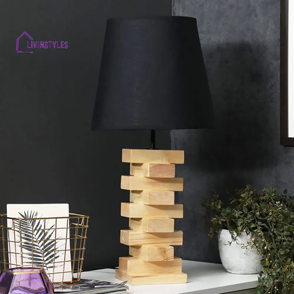 Libra Beige Wooden Table Lamp With Black Fabric Lampshade Lamps