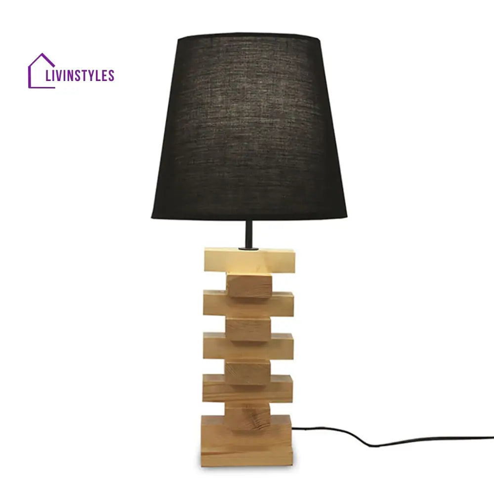 Libra Beige Wooden Table Lamp With Black Fabric Lampshade Lamps