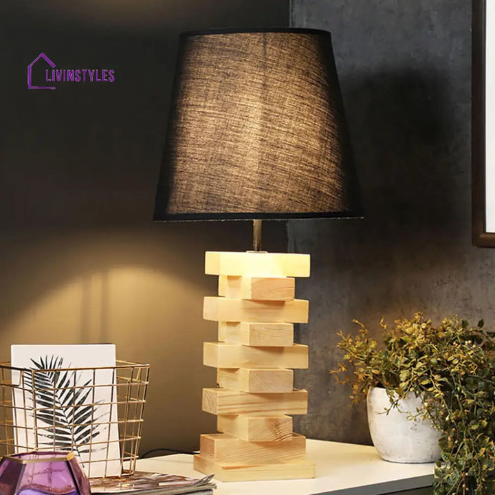 Libra Beige Wooden Table Lamp With Black Fabric Lampshade Lamps