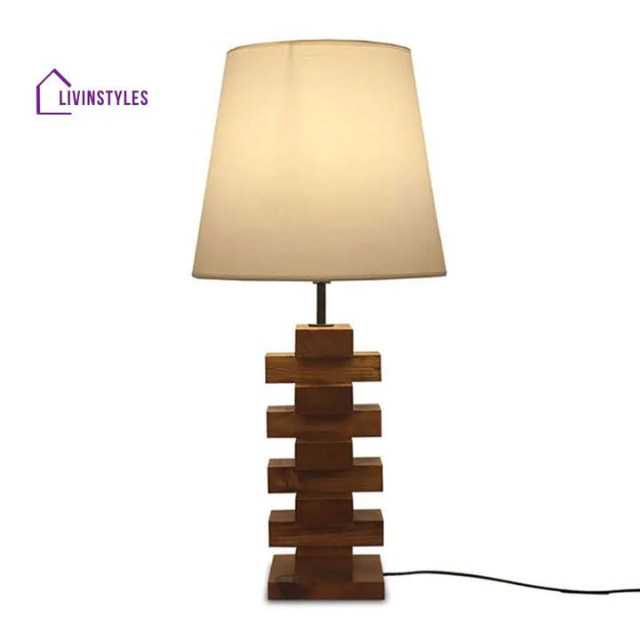 Libra Brown Wooden Table Lamp With White Fabric Lampshade Lamps