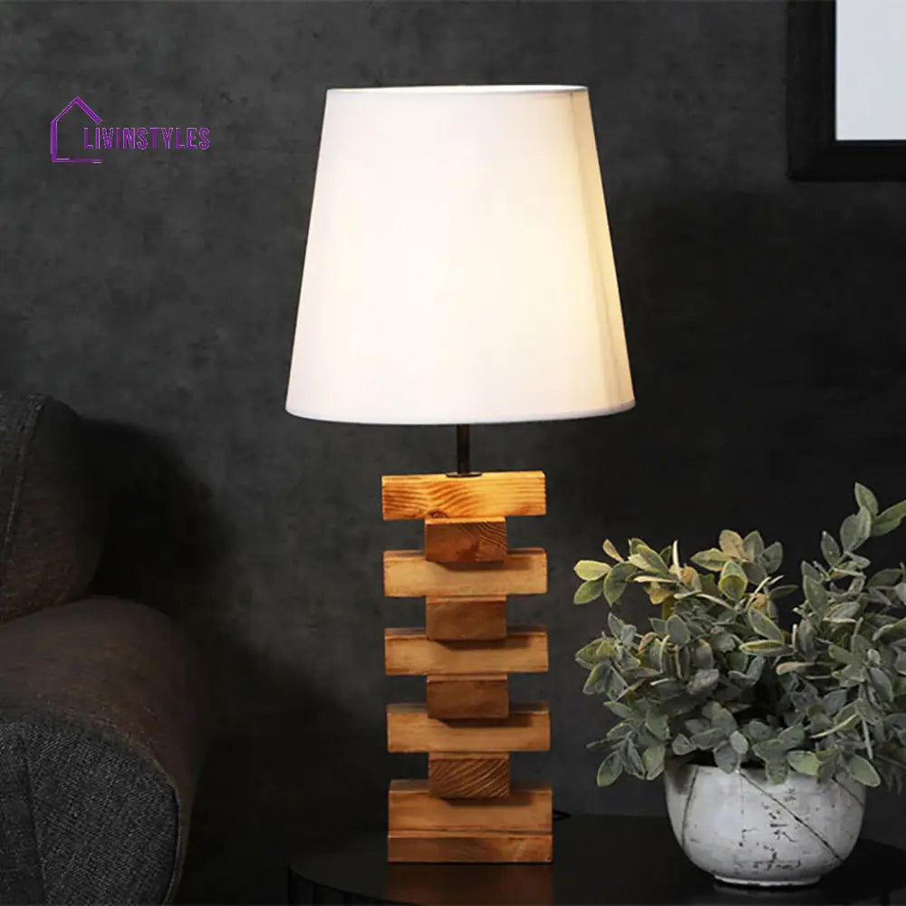 Libra Brown Wooden Table Lamp With White Fabric Lampshade Lamps