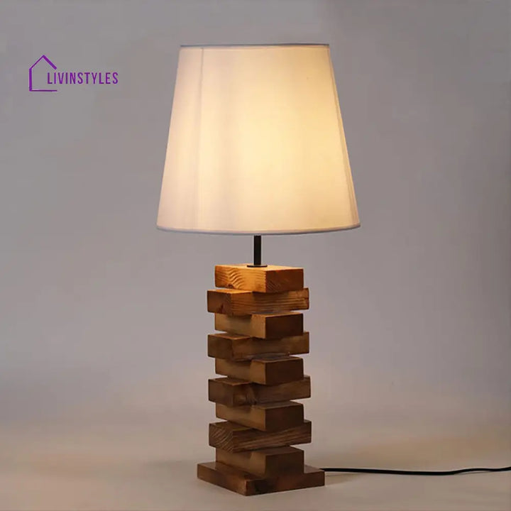 Libra Brown Wooden Table Lamp With White Fabric Lampshade Lamps