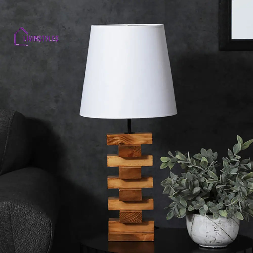 Libra Brown Wooden Table Lamp With White Fabric Lampshade Lamps