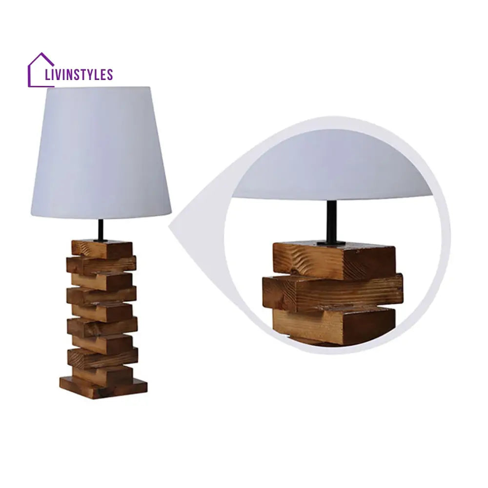 Libra Brown Wooden Table Lamp With White Fabric Lampshade Lamps