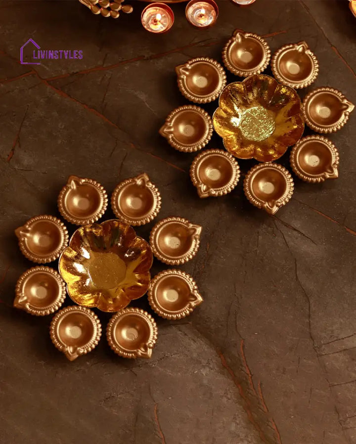 Lic Flame Traditional Attached 8 Diya Urli | Gold Set Of 2