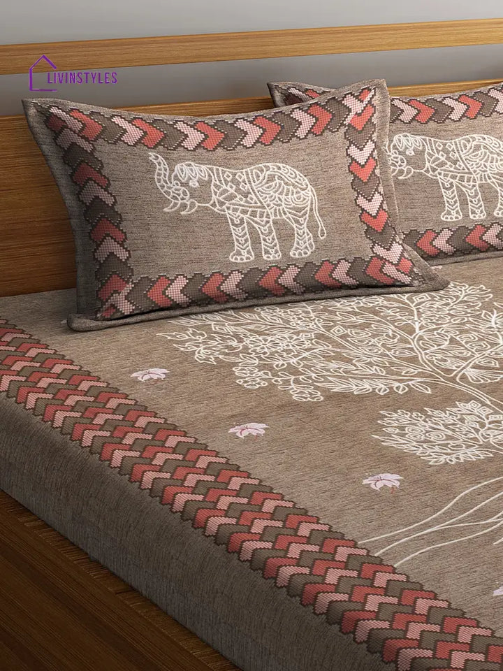 Light Brown Screen Block Print Jaipuri Cotton Animal Pattern Double Bedsheet With 2 Pillow Coverss