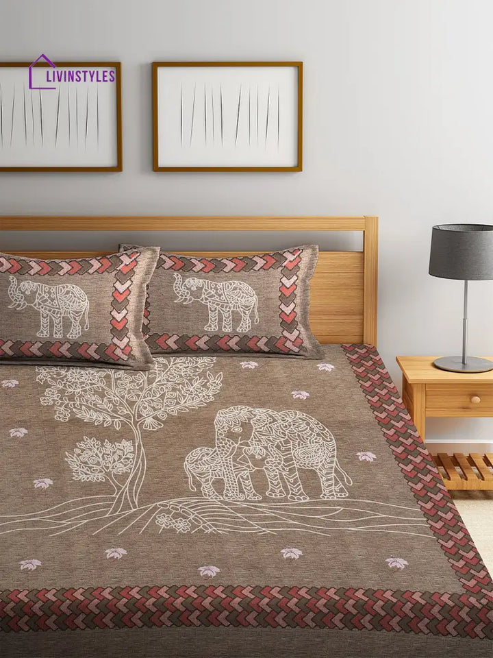 Light Brown Screen Block Print Jaipuri Cotton Animal Pattern Double Bedsheet With 2 Pillow Coverss