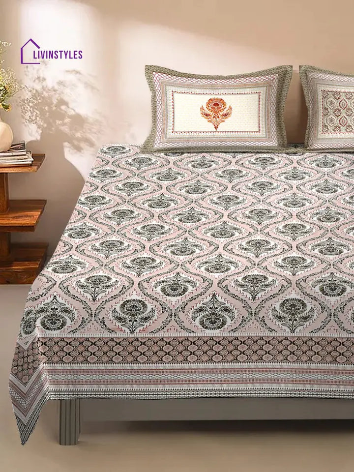 Light Peach Ethnic Motif 180 Tc Cotton Super King Bed Sheet With 2 Pillow Covers