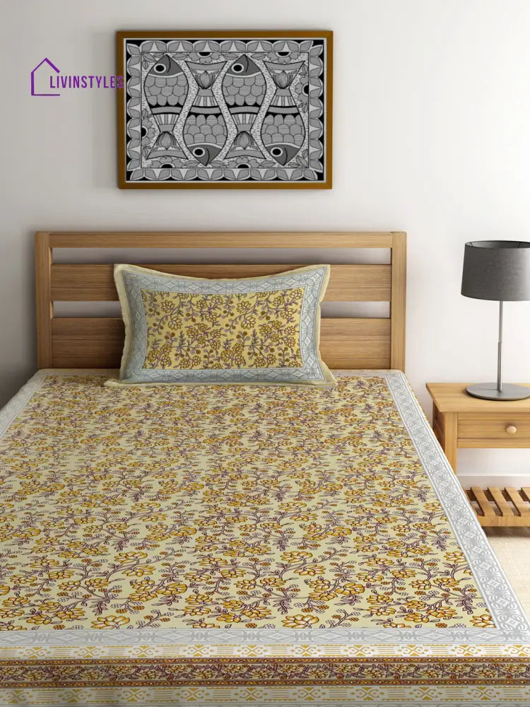 Light Yellow Cotton Jaipuri Floral Single Bed Sheet With 1 Pillow Cover