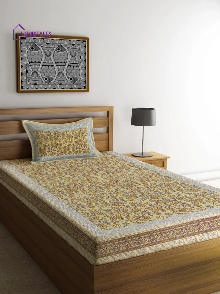 Light Yellow Cotton Jaipuri Floral Single Bed Sheet With 1 Pillow Cover