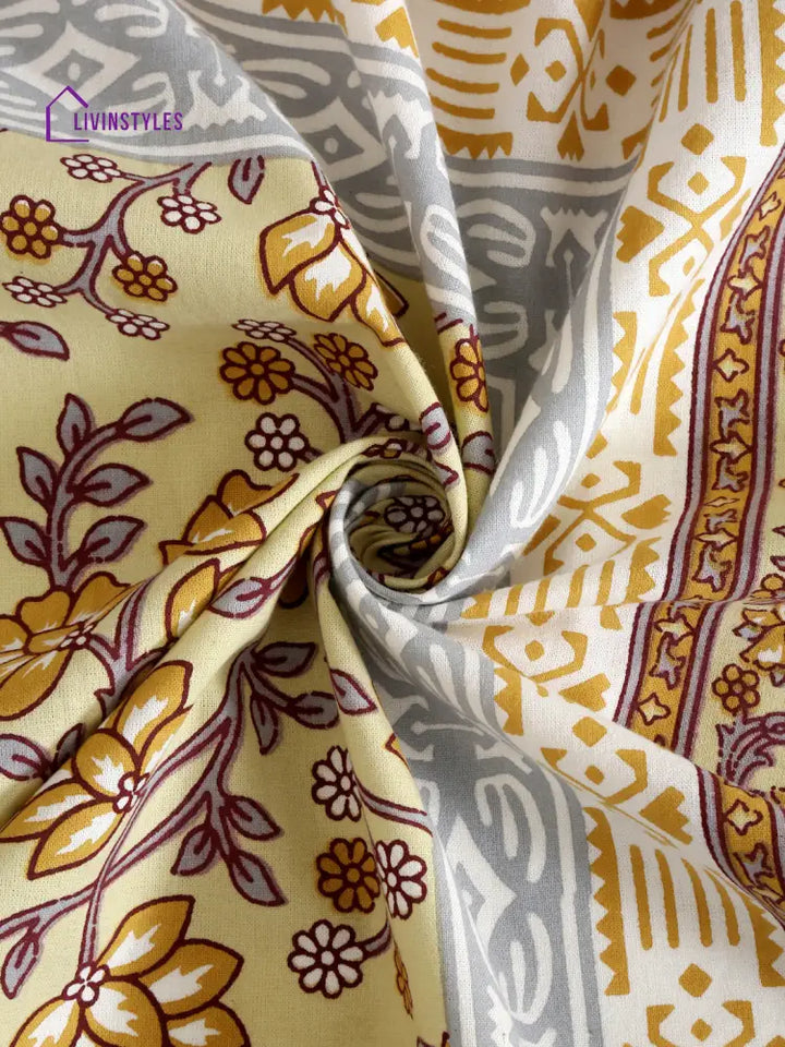 Light Yellow Cotton Jaipuri Floral Single Bed Sheet With 1 Pillow Cover