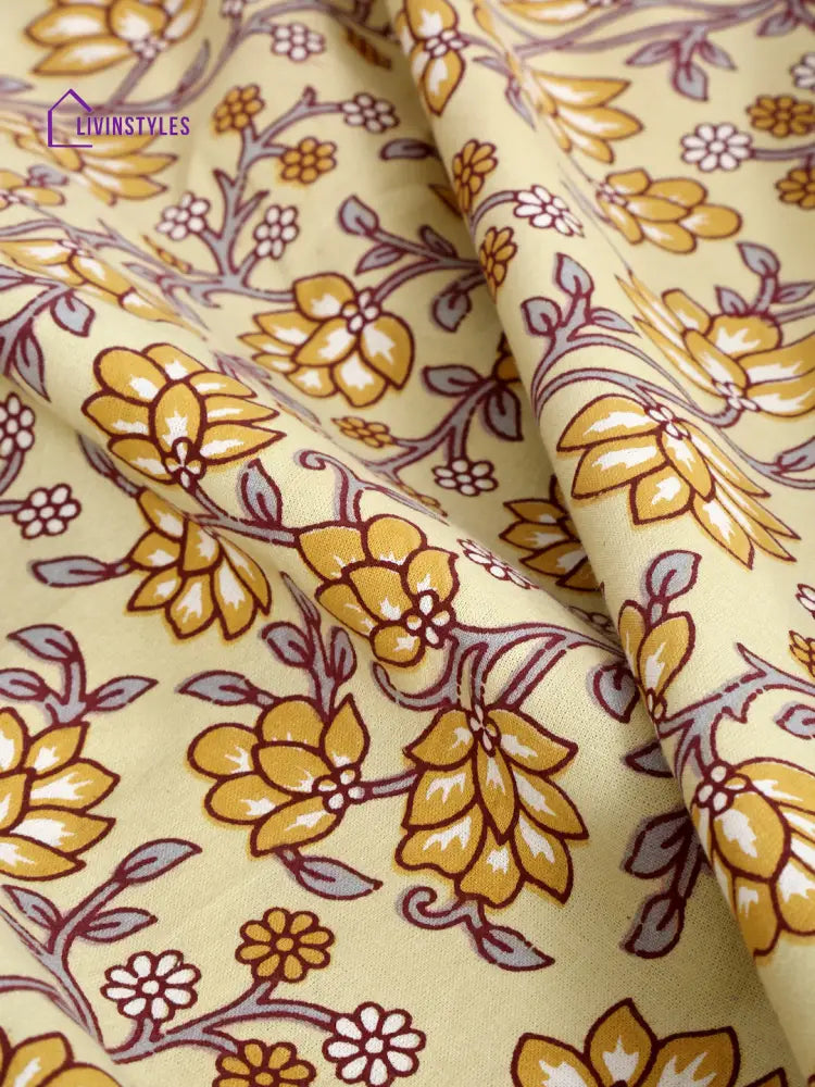 Light Yellow Cotton Jaipuri Floral Single Bed Sheet With 1 Pillow Cover