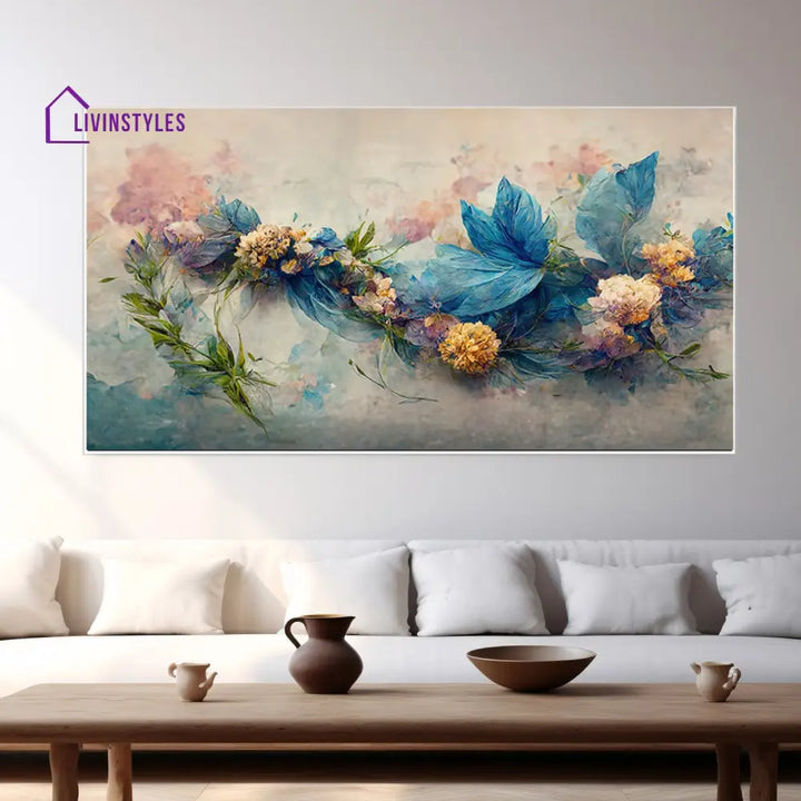 Lively Blue Yellow Floral Artwork Wall Painting