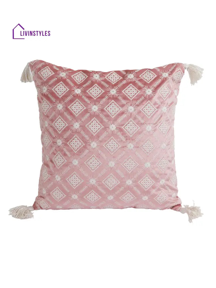 Eyda Super Soft Pink Color Set Of 2 Embroidered Cushion Cover-18X18 Inch