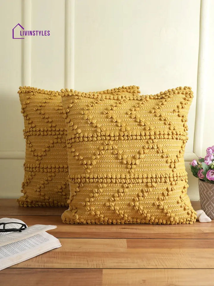 Eyda Yellow Hand Woven Cotton Set Of 2 Cushion Cover-18X18 Inch