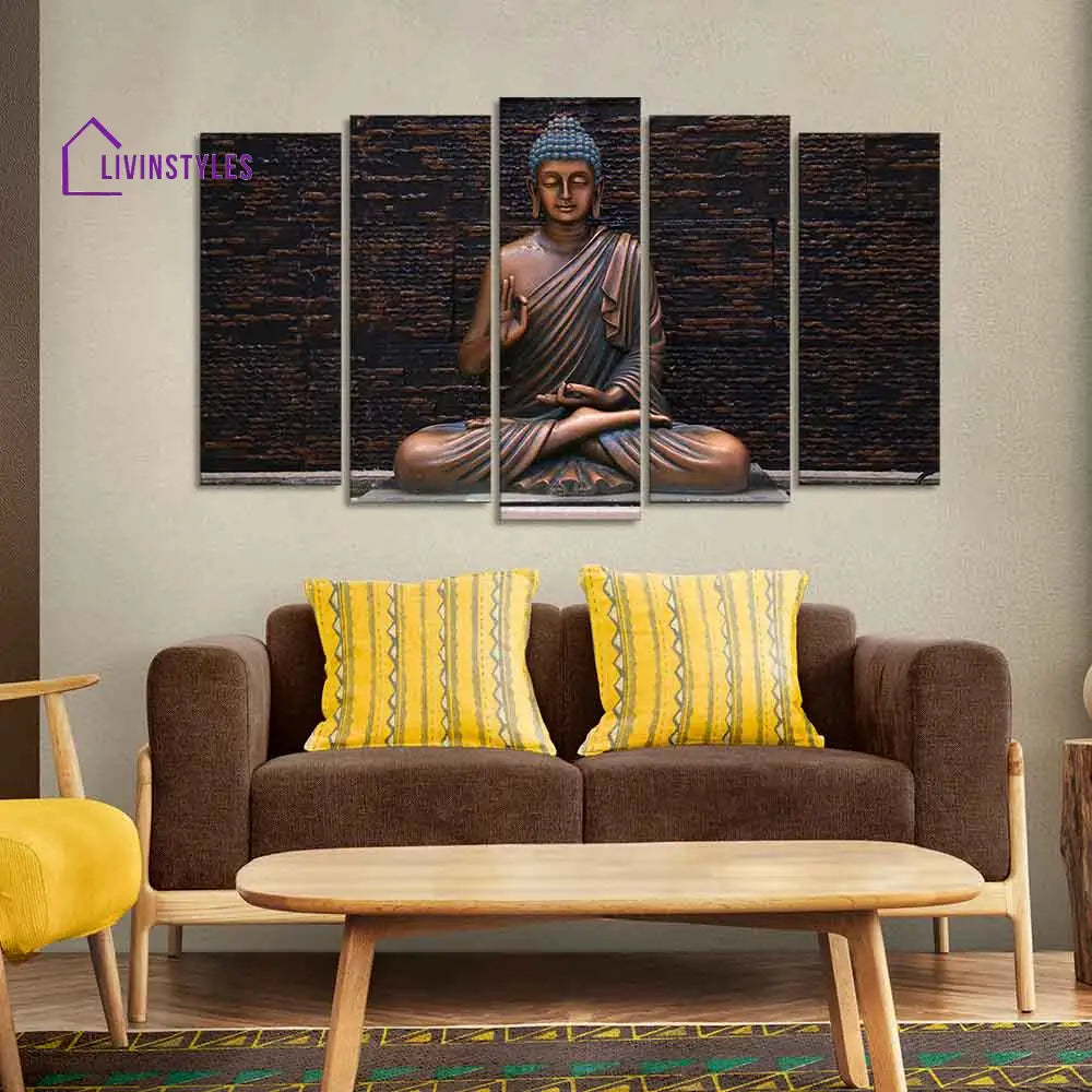 Lord Buddha Meditating Statue Canvas Wall Painting Set Of Five