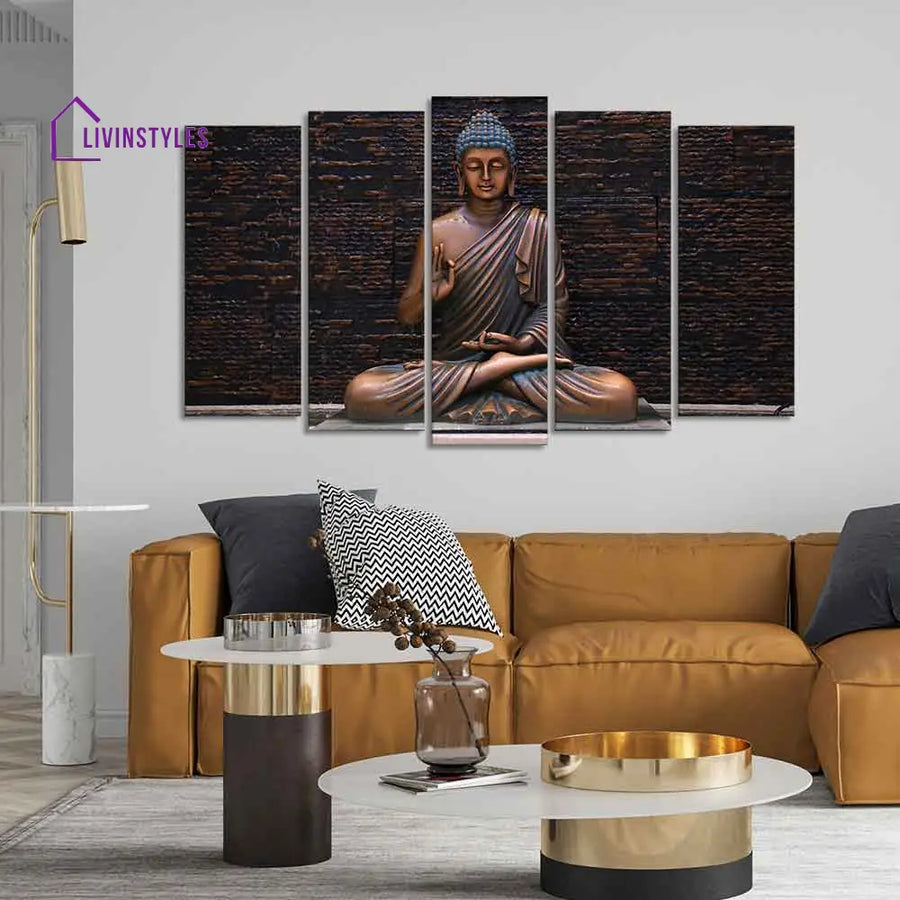 Lord Buddha Meditating Statue Canvas Wall Painting Set Of Five