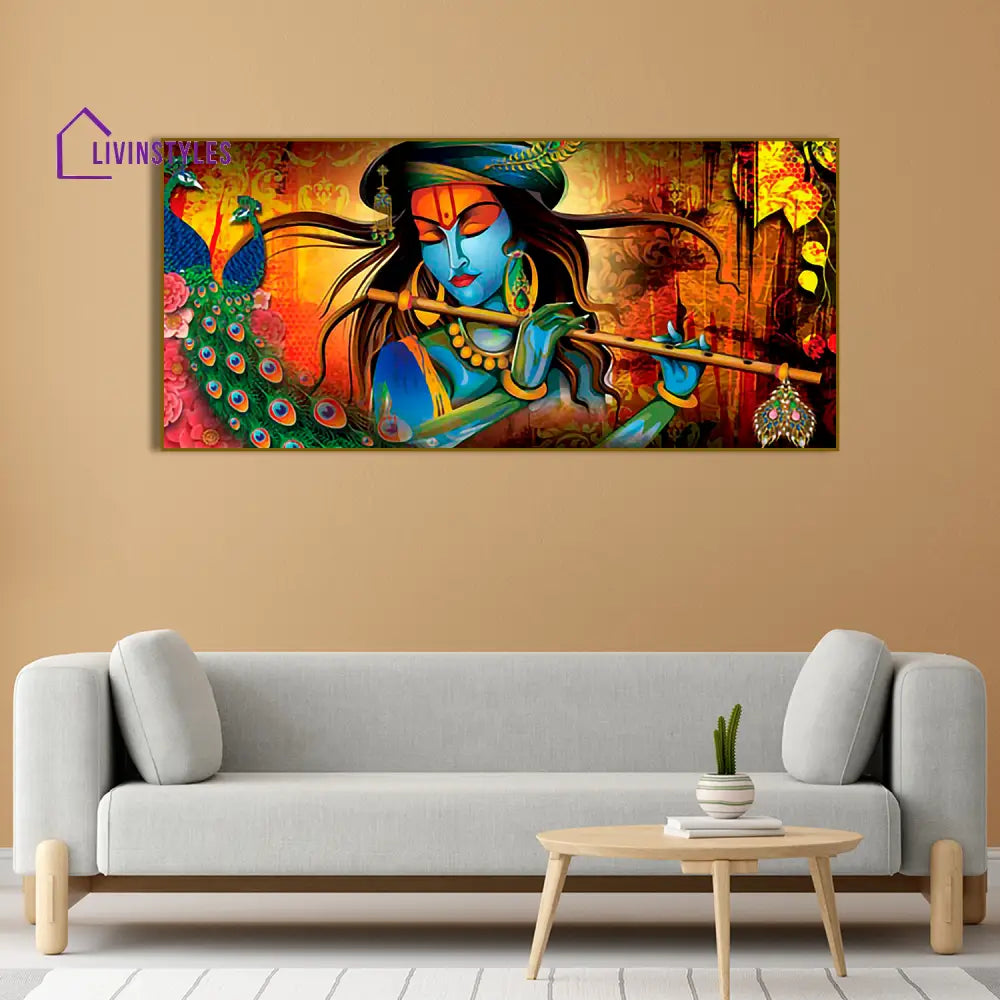 Lord Krishna Playing Flute Premium Wall Painting Canvas