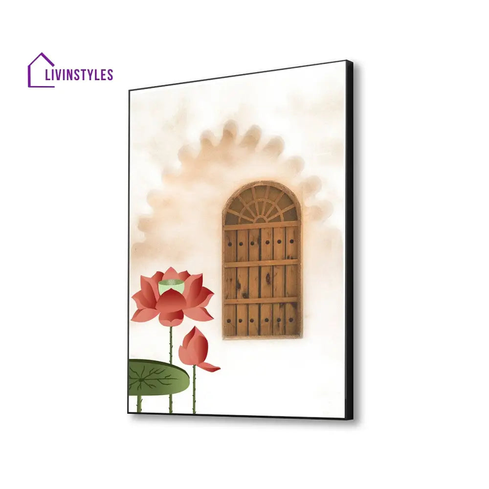 Lotus Door Canvas Wall Art Printed Painting 16 X 20 Inch / Black Floating Frame