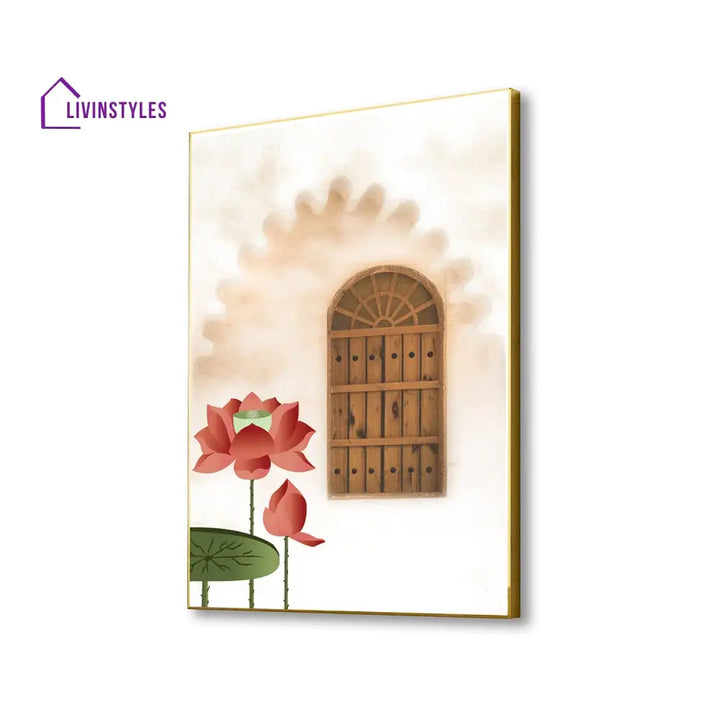 Lotus Door Canvas Wall Art Printed Painting 16 X 20 Inch / Gold Floating Frame