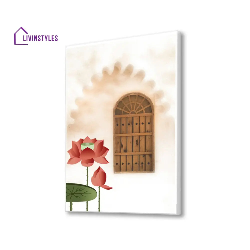 Lotus Door Canvas Wall Art Printed Painting 16 X 20 Inch / White Floating Frame