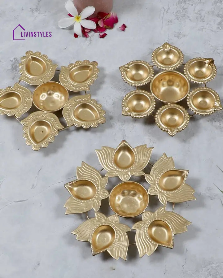 Lotus Flower Metal Diya Urli | Set Of 3 8 Inches