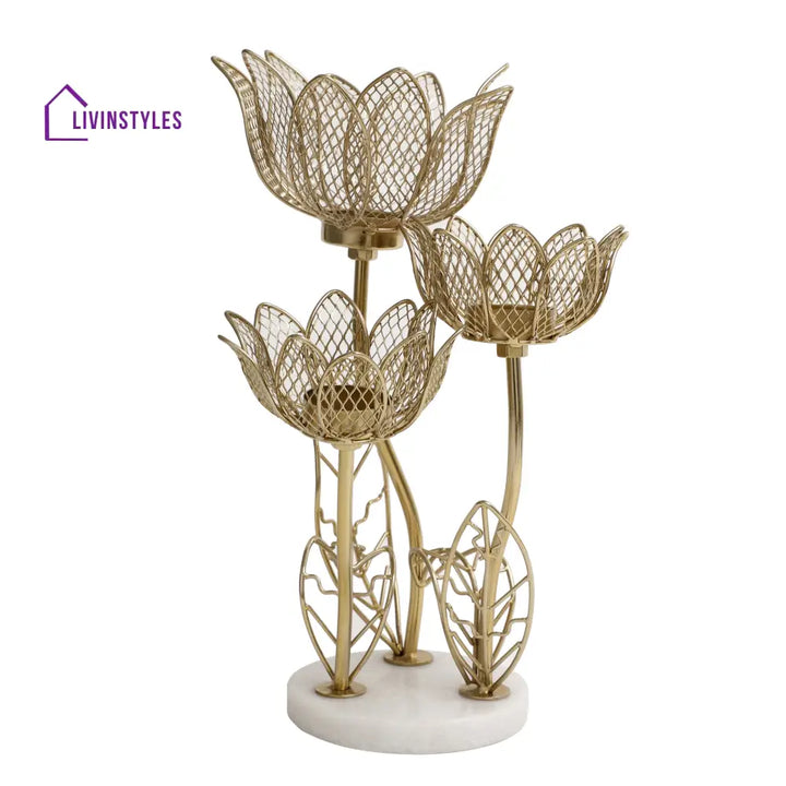 Lotus Triple-Tealight Candle Stand With Marble Base Candle Holder