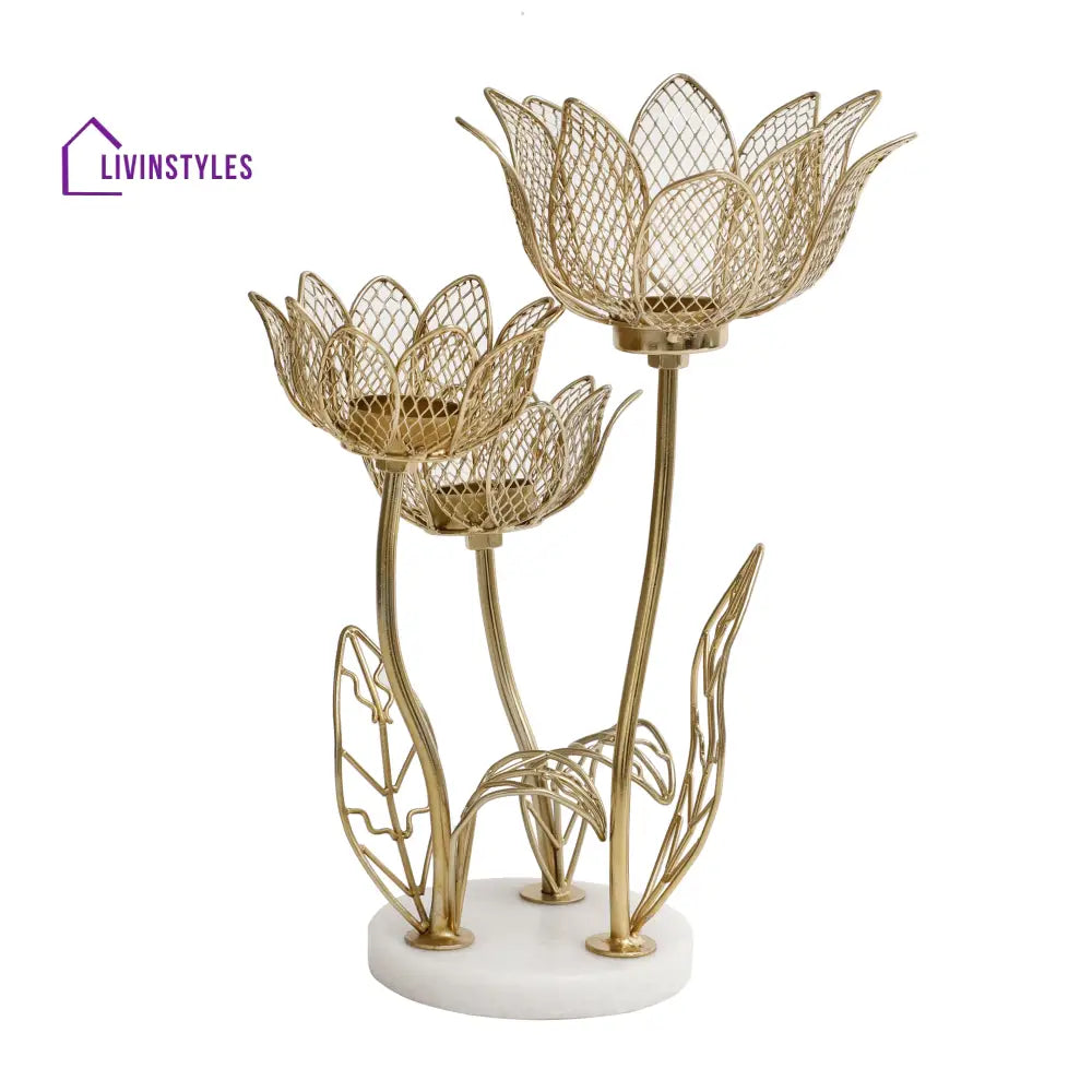 Lotus Triple-Tealight Candle Stand With Marble Base Candle Holder