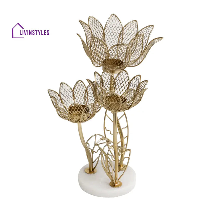 Lotus Triple-Tealight Candle Stand With Marble Base Candle Holder