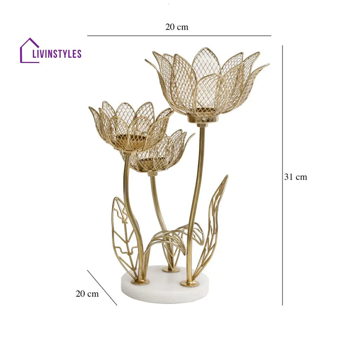 Lotus Triple-Tealight Candle Stand With Marble Base Candle Holder