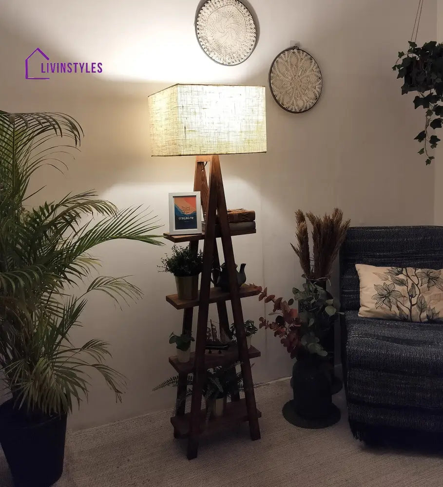 Louise Wooden Floor Lamp With Brown Base And Jute Fabric Lampshade Lamps