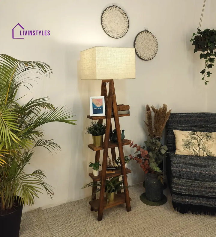 Louise Wooden Floor Lamp With Brown Base And Jute Fabric Lampshade Lamps