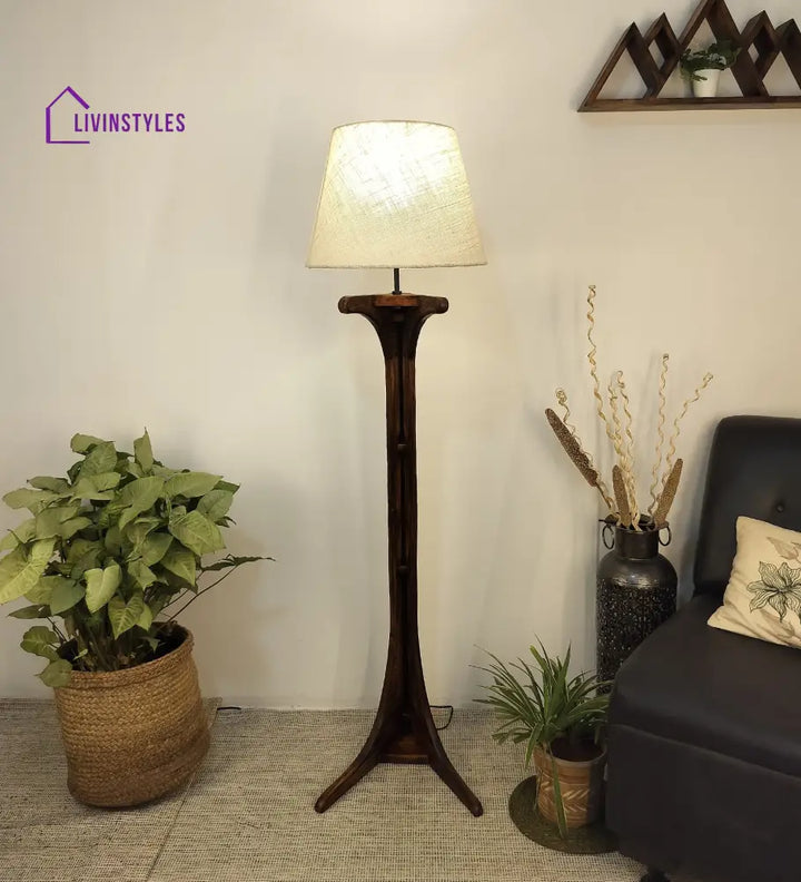 Lucas Wooden Floor Lamp With Brown Base And Jute Fabric Lampshade Lamps