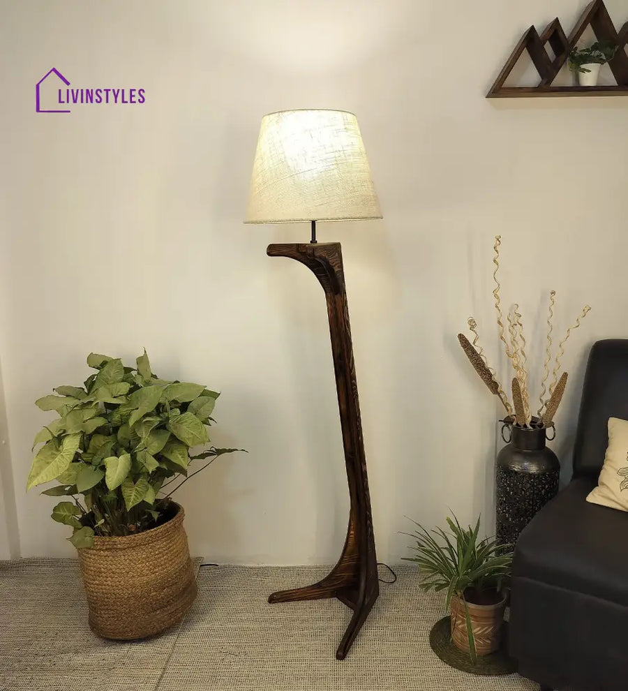 Lucas Wooden Floor Lamp With Brown Base And Jute Fabric Lampshade Lamps