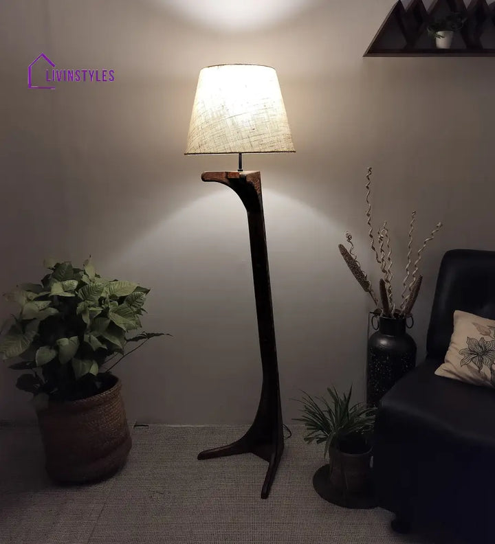 Lucas Wooden Floor Lamp With Brown Base And Jute Fabric Lampshade Lamps