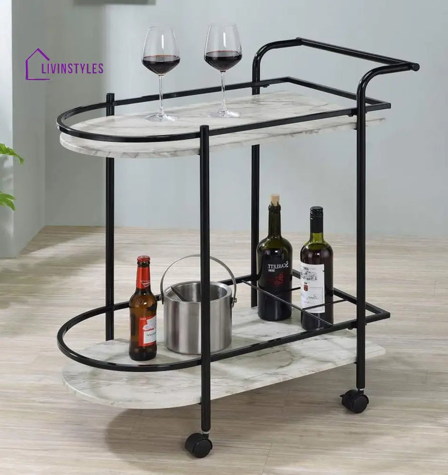 Modern Black Oval Trolley with Marble Top - Front View