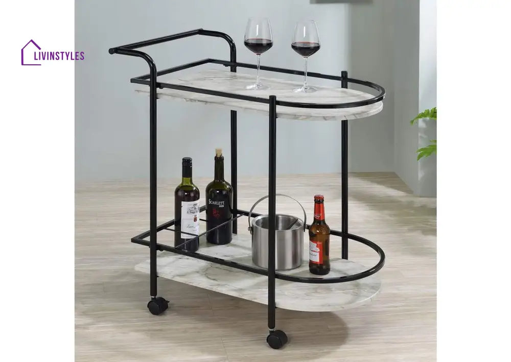 Luxurious 2 Tier Oval Iron Trolley With Marble Shelves - Modern Design Serving Cart