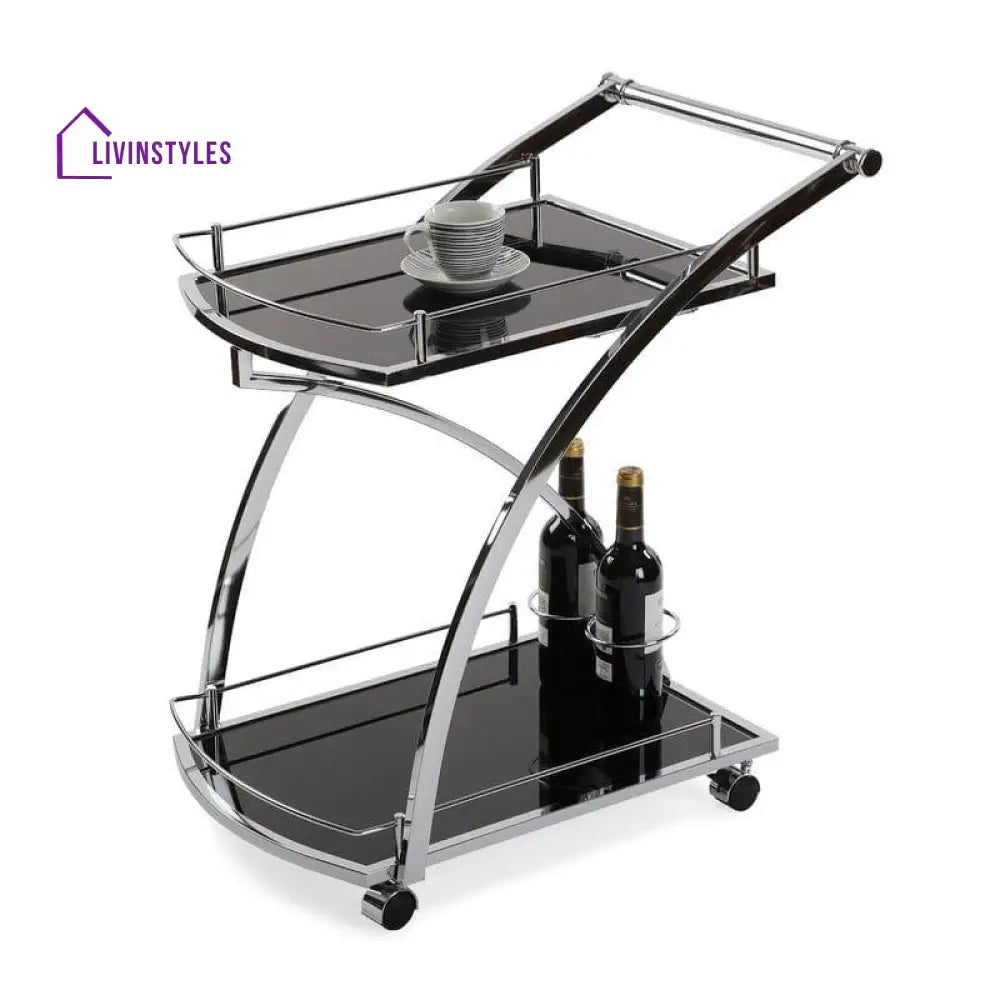 Luxurious Bar Cart Trolley In Nickle Tone With Black Glass Serving Trays