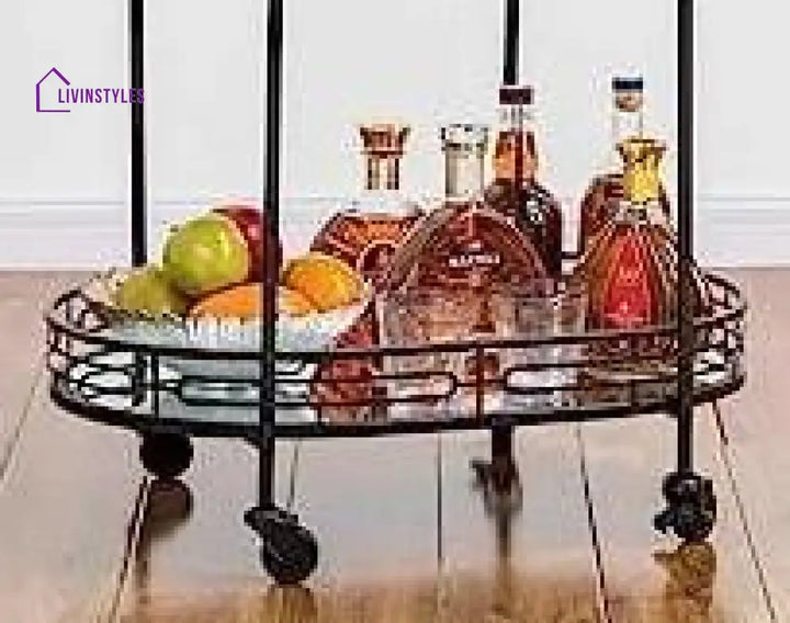 Luxurious Black Iron 2 Tier Oval Trolley With Mirror Top - Space Saving Design Serving Cart