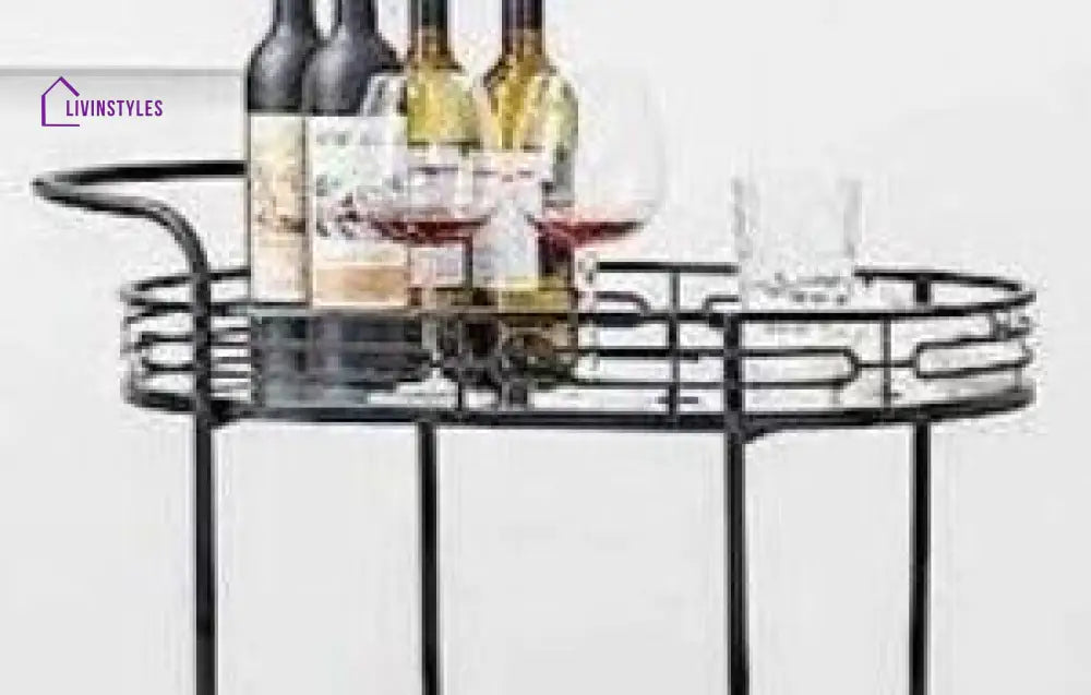 Luxurious Black Iron 2 Tier Oval Trolley With Mirror Top - Space Saving Design Serving Cart