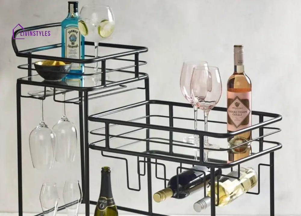 Luxurious Black Iron 3 Tier Rectangle Trolley With Mirror Top - Space Saving Design Serving Cart