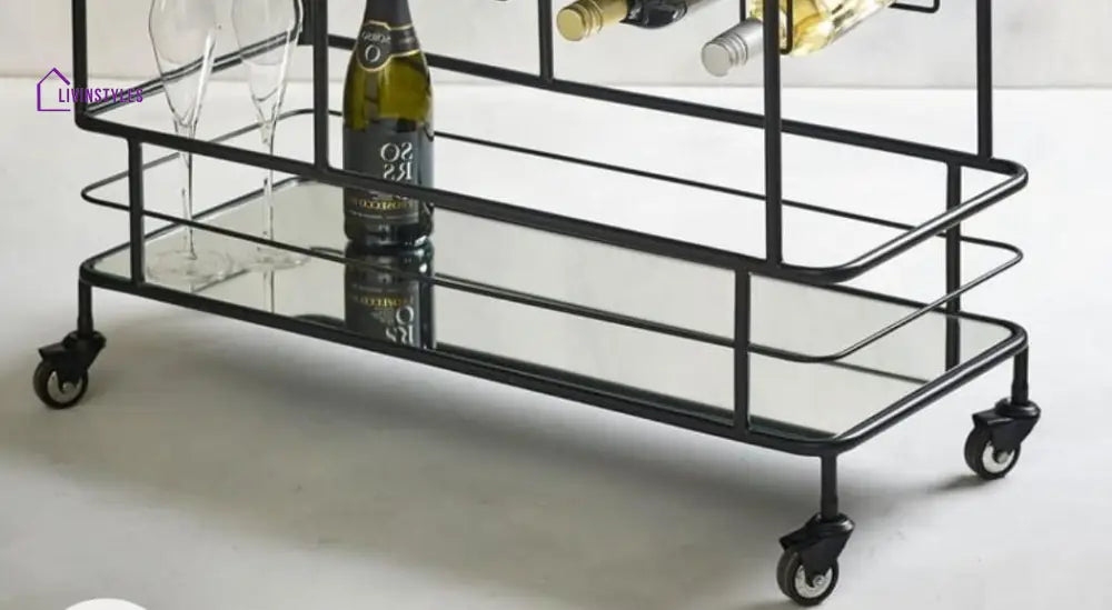 Luxurious Black Iron 3 Tier Rectangle Trolley With Mirror Top - Space Saving Design Serving Cart