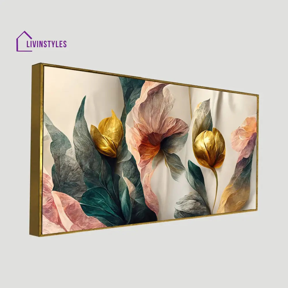 Luxurious Gold Leaves And Flowers Wall Painting