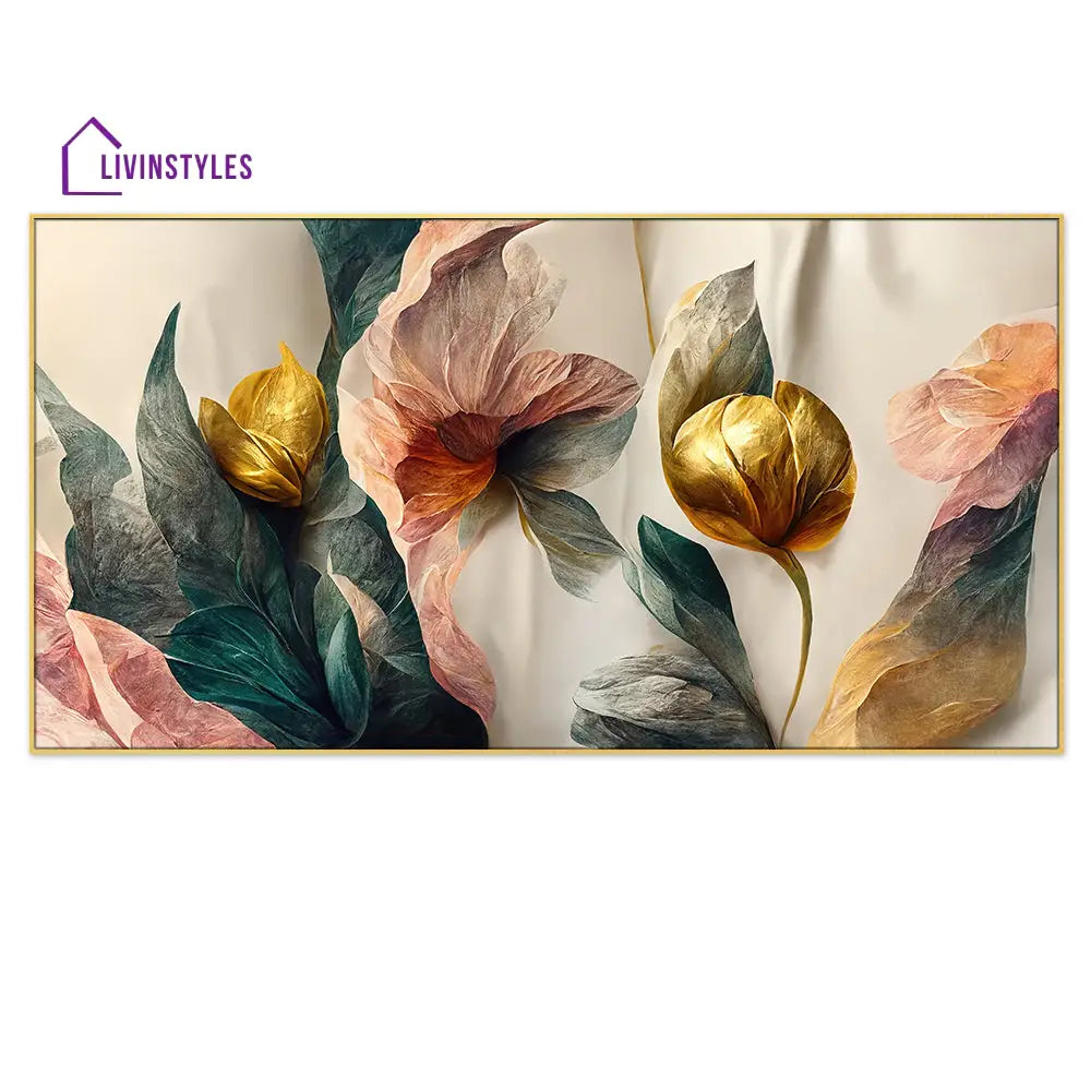 Luxurious Gold Leaves And Flowers Wall Painting