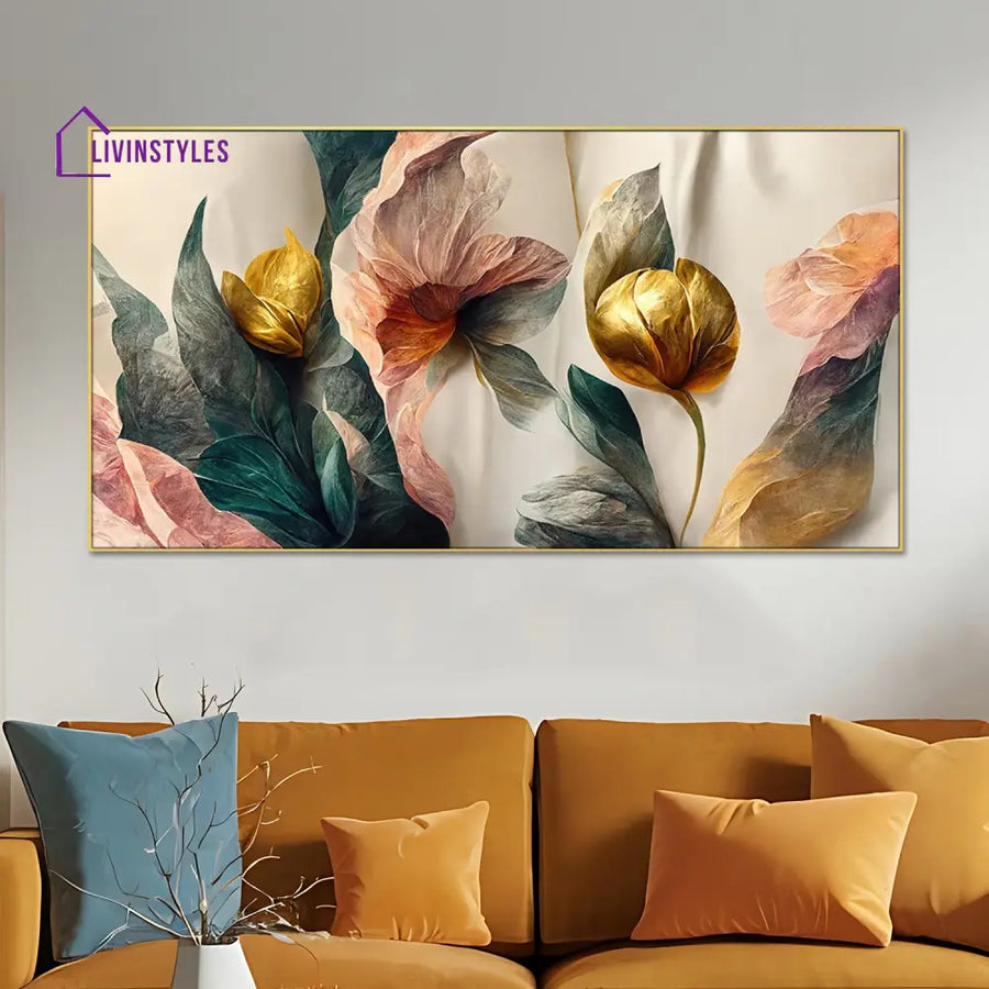 Luxurious Gold Leaves And Flowers Wall Painting